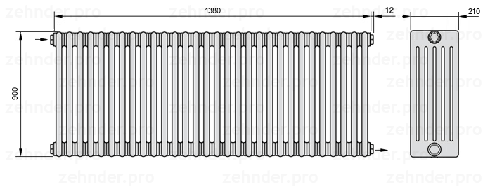 Схема (чертеж) Радиатор Zehnder Charleston 6090/30 №1670 Белый глянцевый RAL 9016